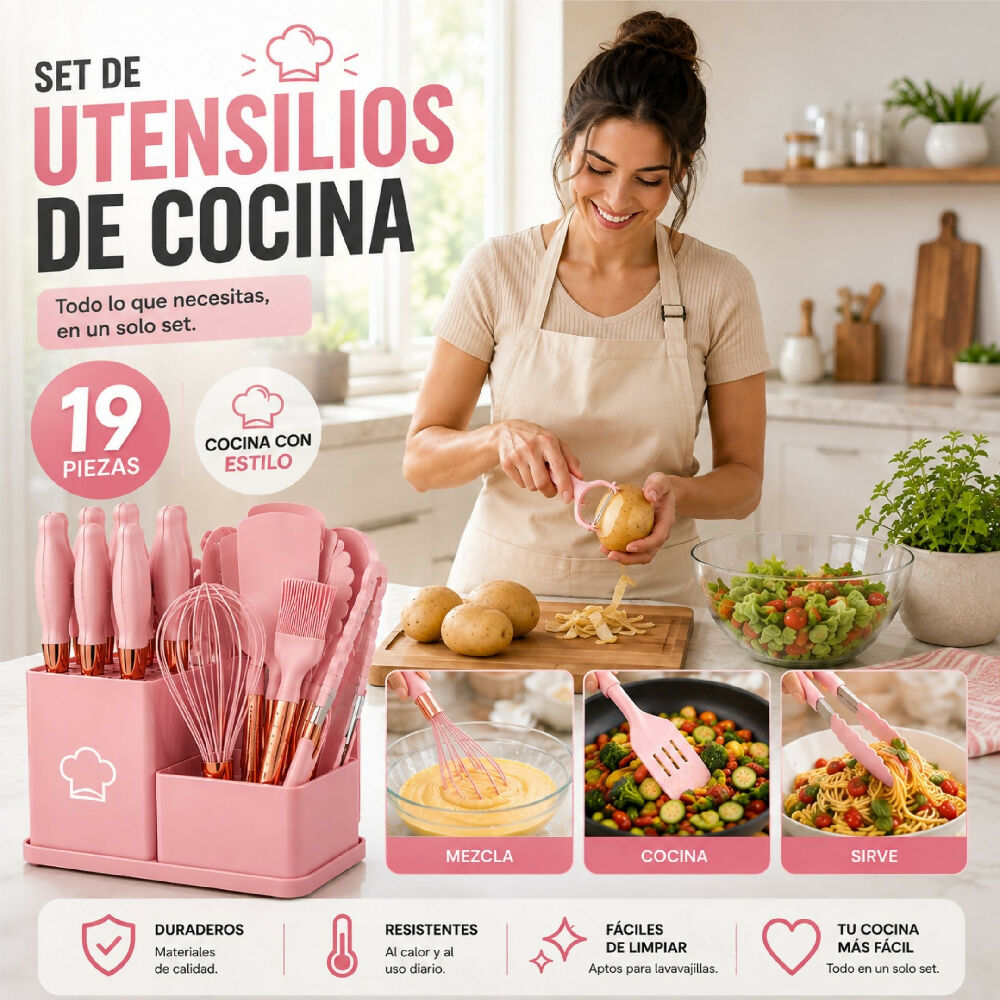 Set De Utensilios Y Cuchillos De 19 Piezas Silicona Antiadherente Y Acero Inoxidable Rosa