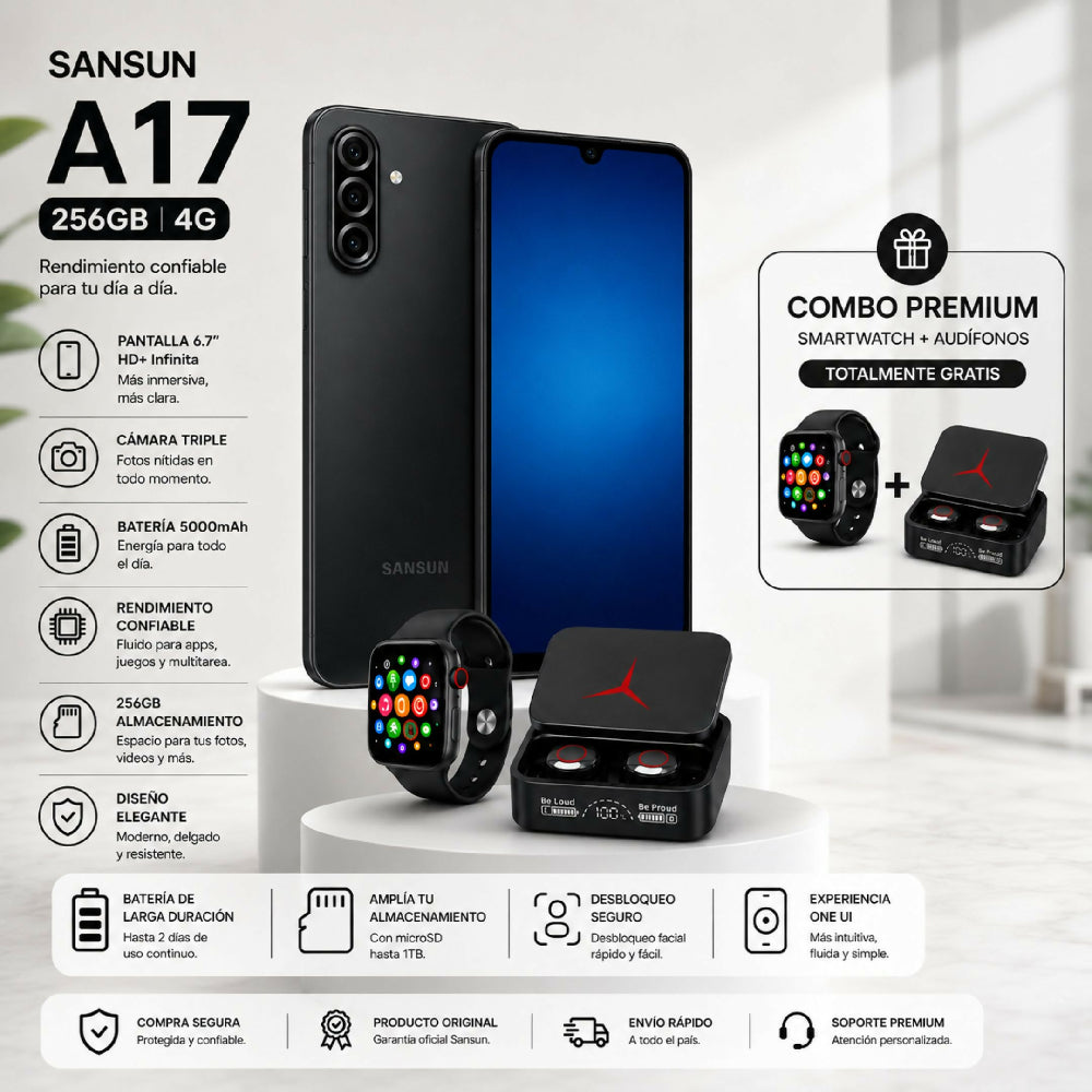 Celular Samsung A17 256GB 4G + Obsequio Audífonos Y Smartwatch Negro