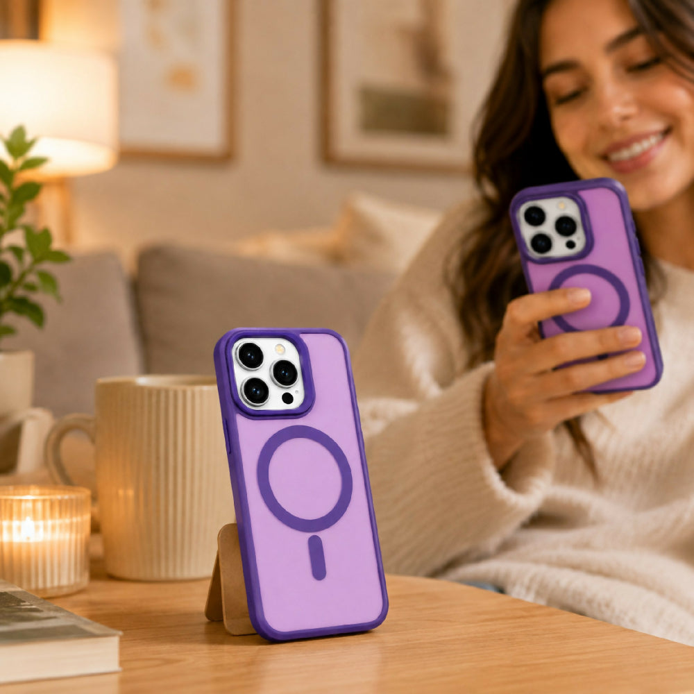 Forro Semi Transparente Para Celular Funda MagSafe Con Textura Suave Iphone 15 Pro Max Morado