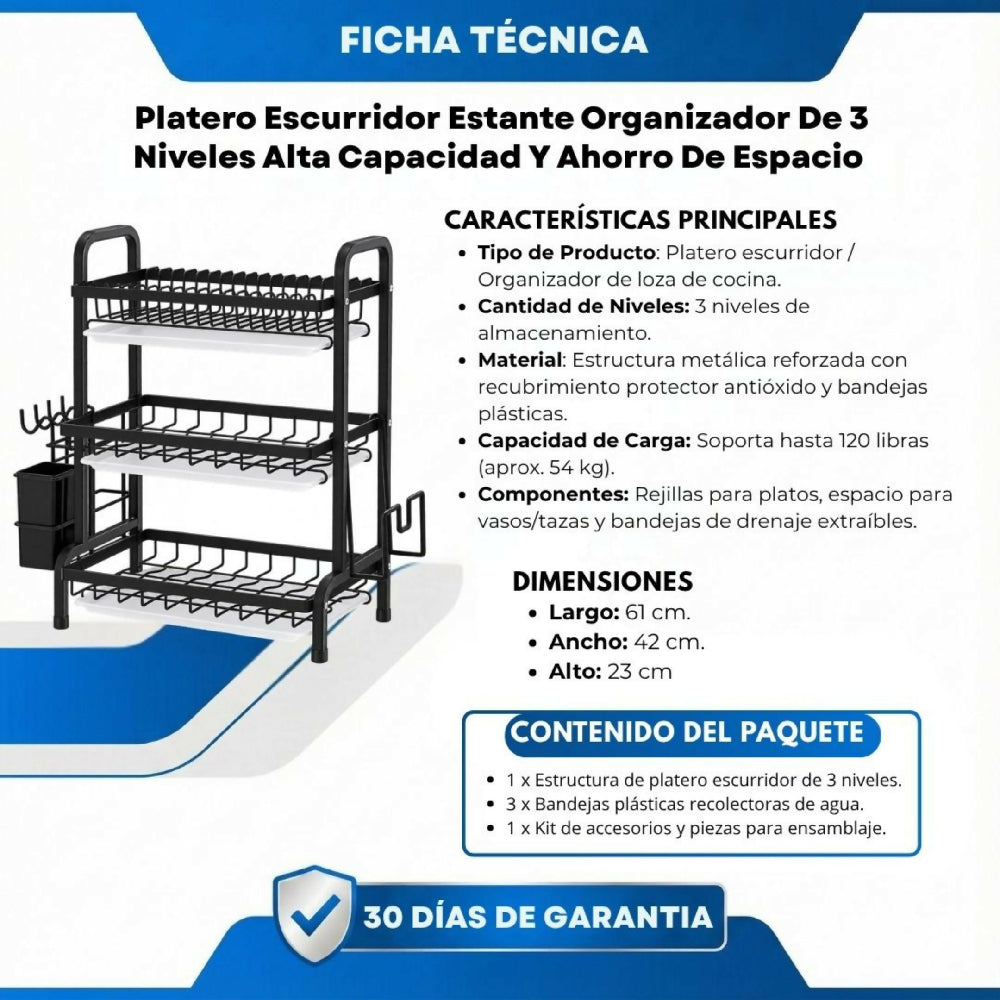 Platero Escurridor Estante Organizador De 3 Niveles Alta Capacidad Y Ahorro De Espacio