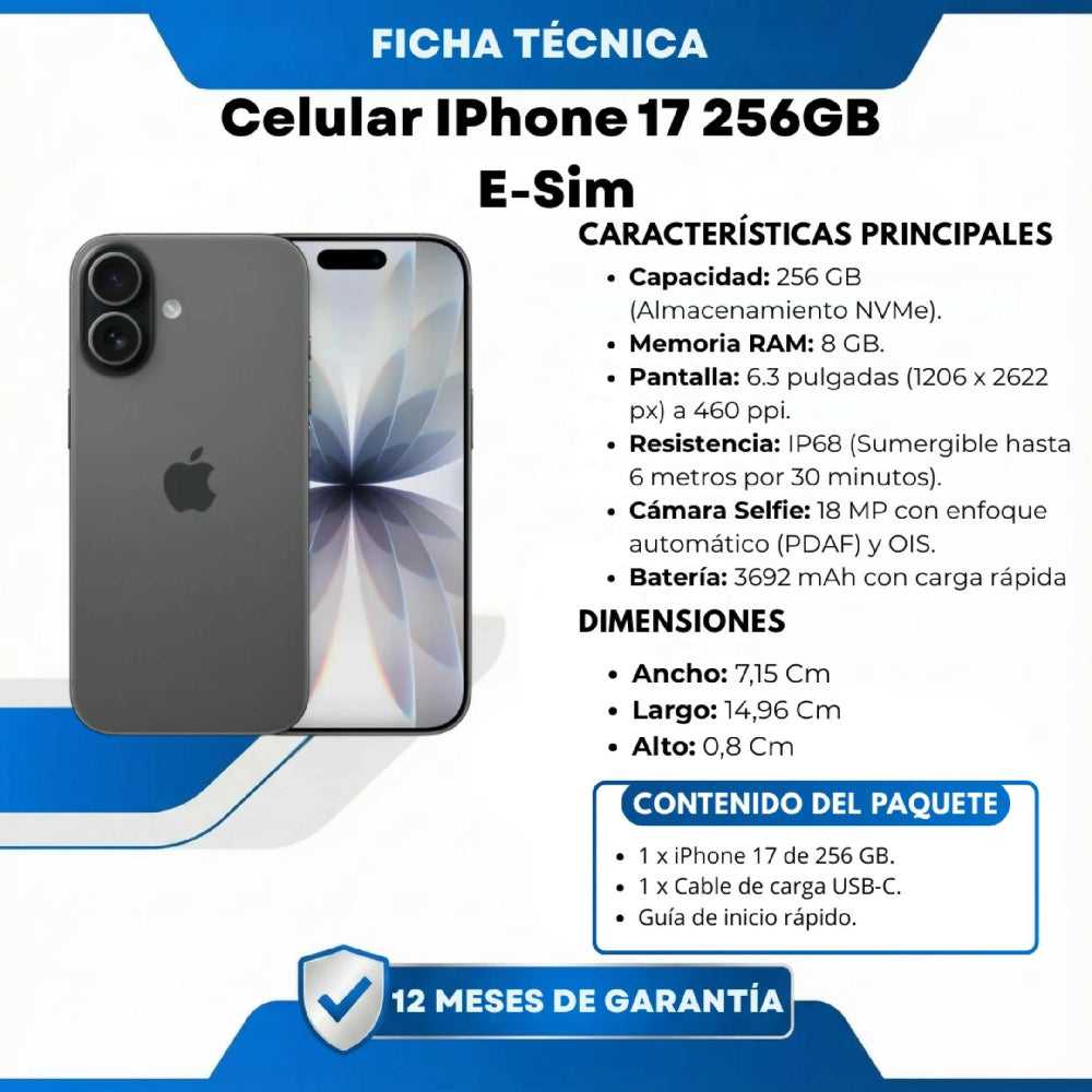 Celular Smartphone iPhone 17 256GB Almacenamiento Solo E-Sim Conectividad 5G Ultra Negro