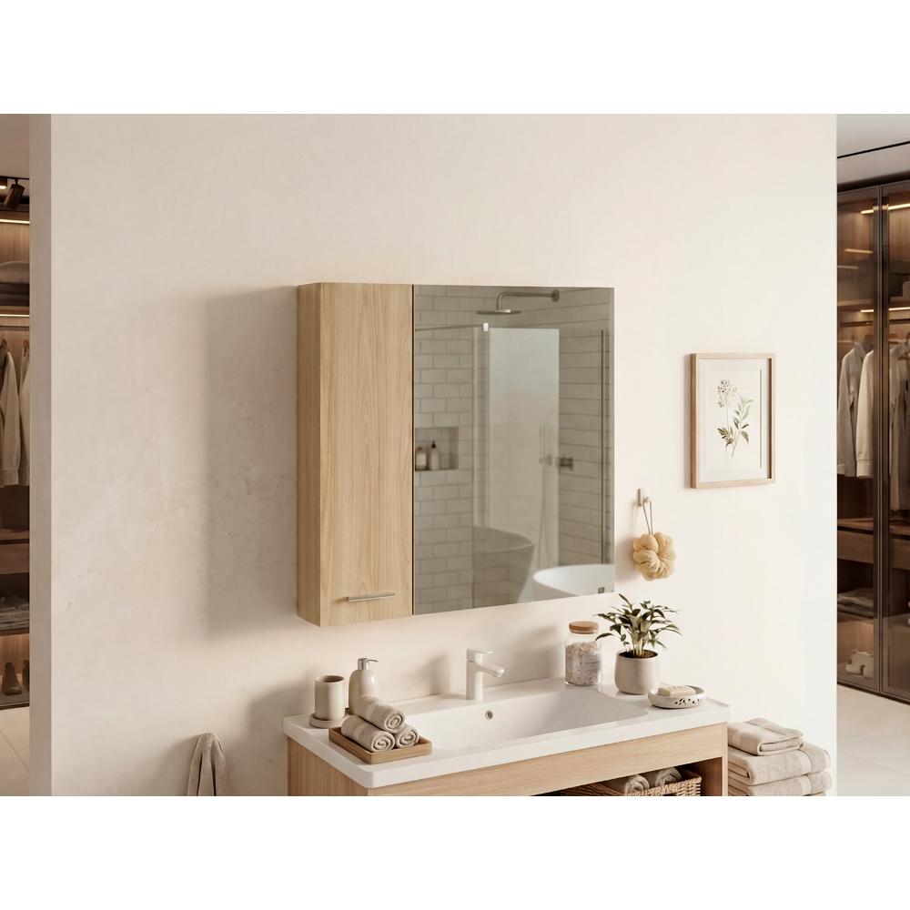 Set de 2 Gabinetes de Baño Apolis, Fresno Europeo, con Puerta Espejo y Dos Entrepaños para Ubicar Múltiples Objetos