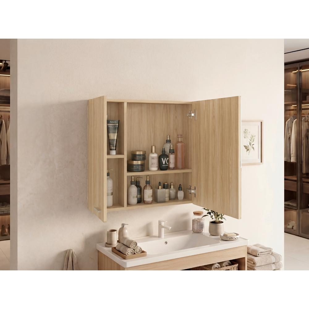 Set de 2 Gabinetes de Baño Apolis, Fresno Europeo, con Puerta Espejo y Dos Entrepaños para Ubicar Múltiples Objetos