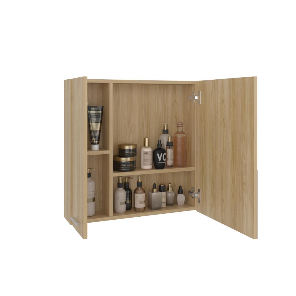 Set de 2 Gabinetes de Baño Apolis, Fresno Europeo, con Puerta Espejo y Dos Entrepaños para Ubicar Múltiples Objetos