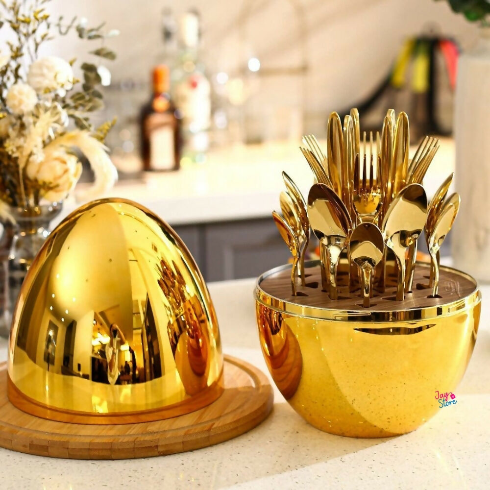 Cubiertos Set 24 Piezas Acero Inoxidable Estuche Huevo Gold