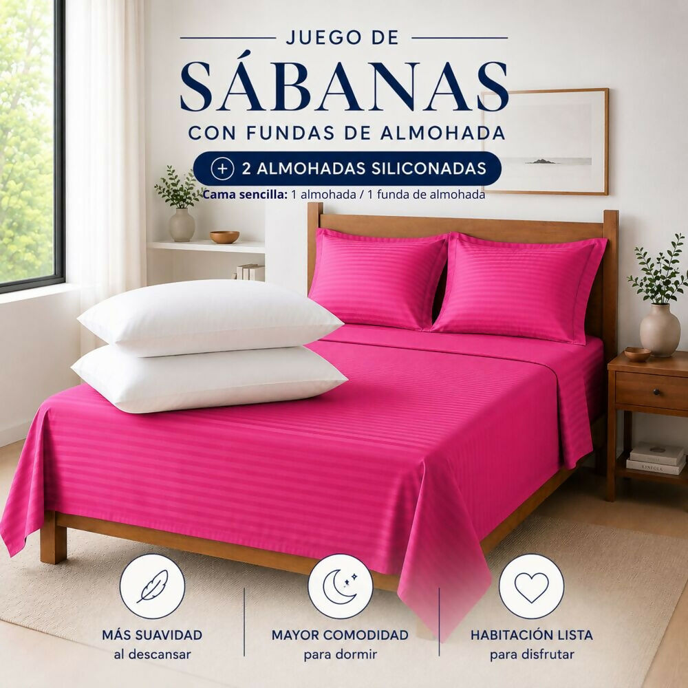 Combo Juego de sábanas + 1 almohada siliconada sencillo fucsia
