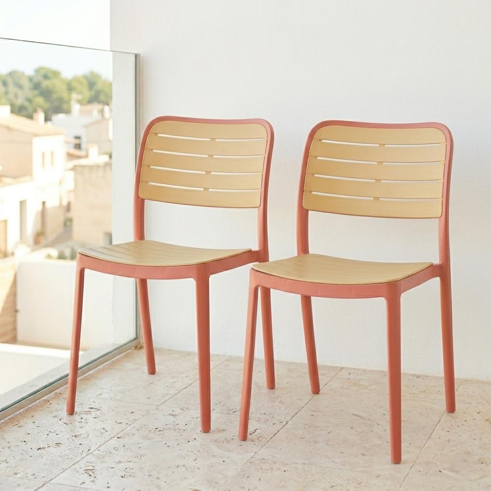 Set de 4 Sillas Carolina, Color Terracota y Beige, con Espaldar de Líneas Horizontales