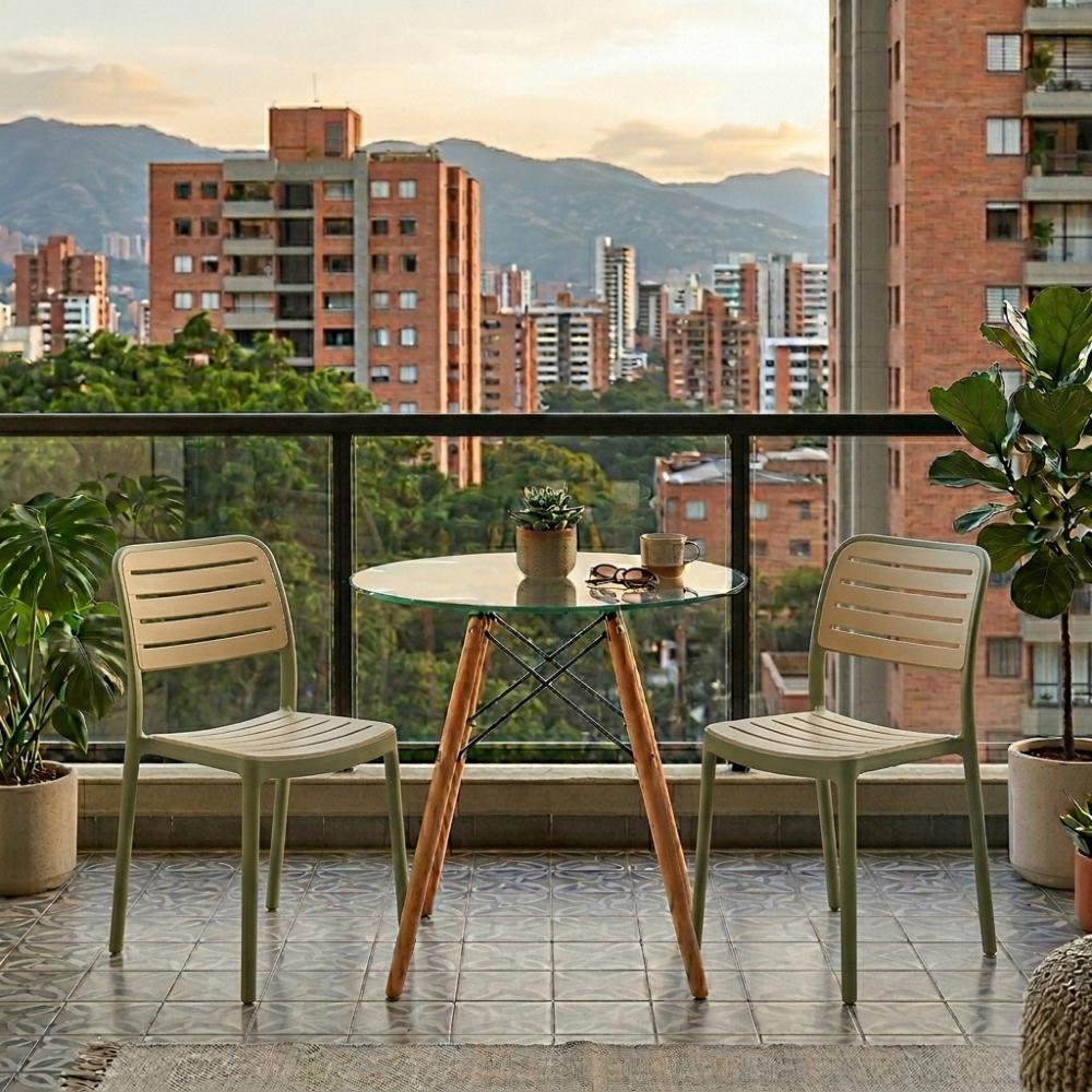 Set de 2 Sillas Carolina, Color Verde Olivo y Beige, con Espaldar de Líneas Horizontales