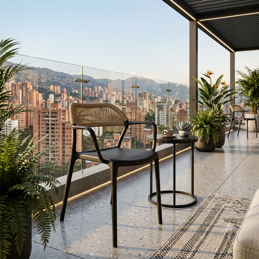 Silla con Brazos Bombay, Negro y Beige, con Espaldar en Cuerdas y Diseño Moderno