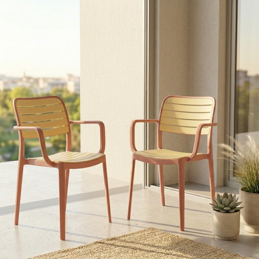 Set de 4 Sillas con Brazos Carolina, Terracota y Beige, y Espaldar de Líneas Horizontales