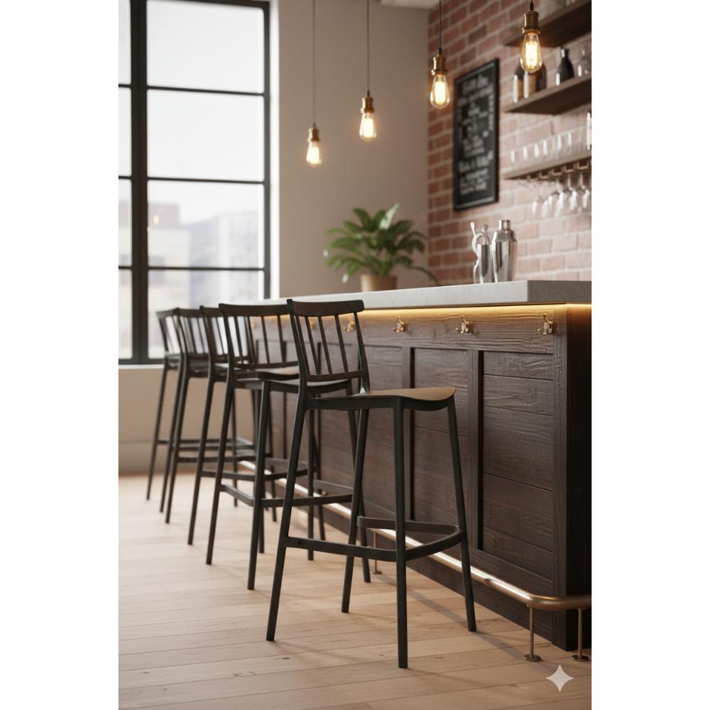 Silla para Bar Oxford, Negro, Con espaldar en barras y diseño minimalista X2