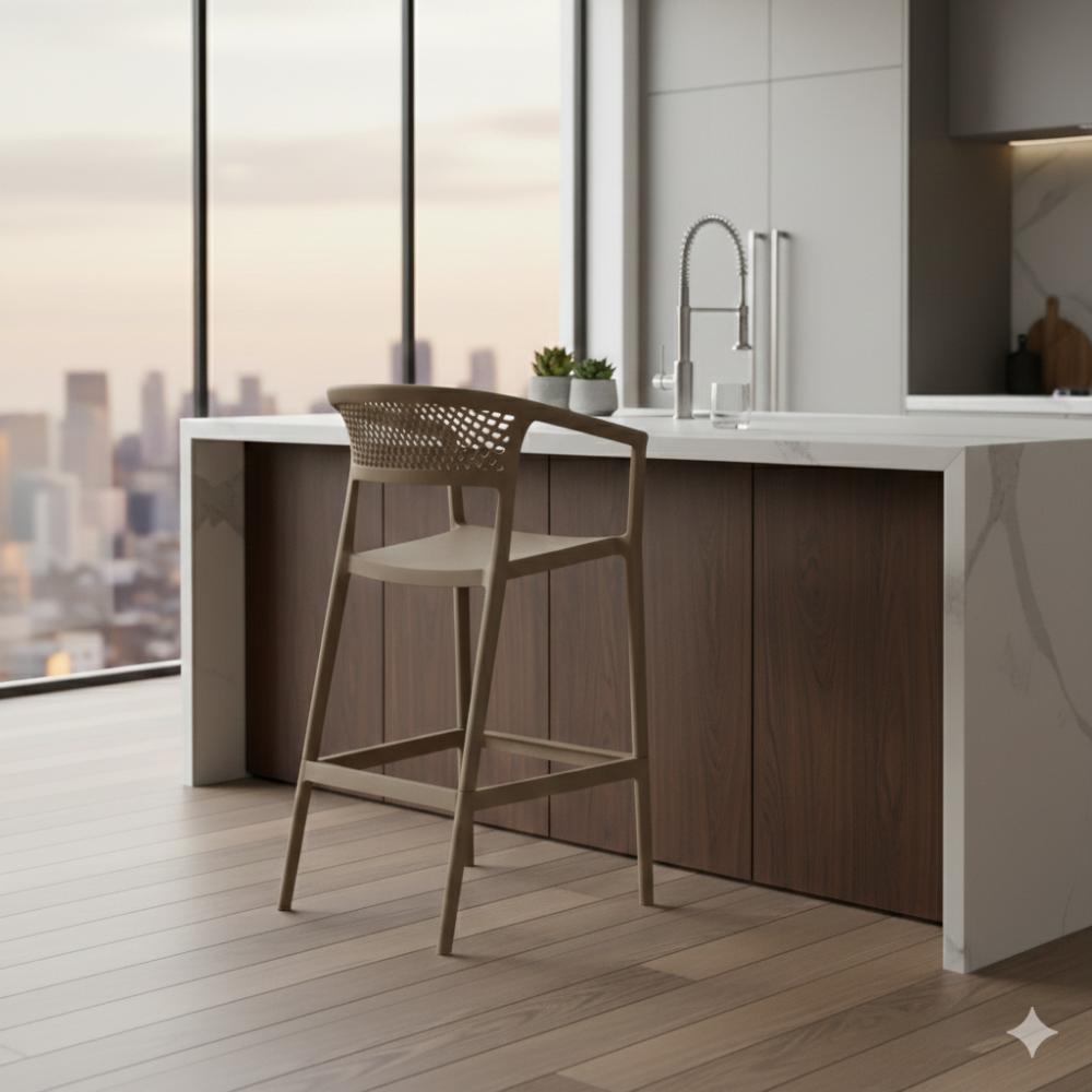 Silla para Bar Salvador, Taupe, Con espaldar en malla y diseño Moderno X2