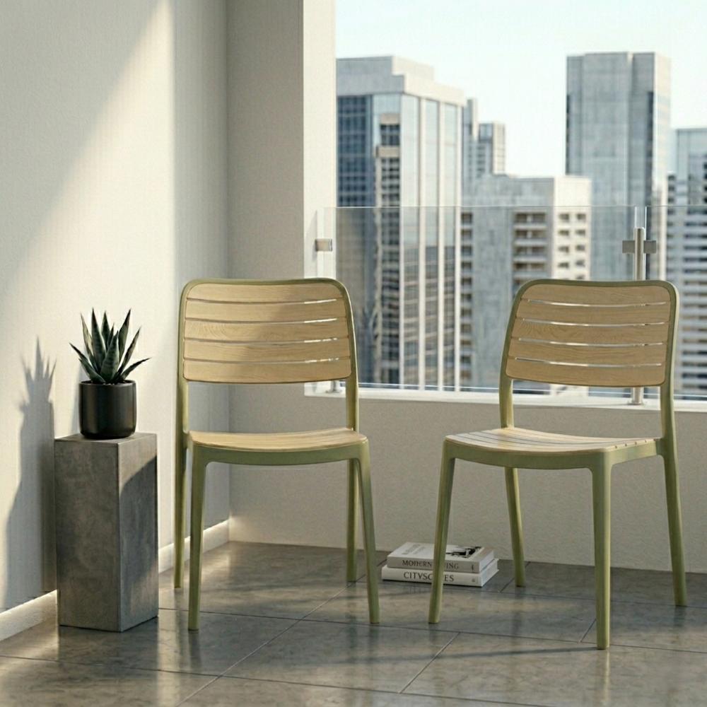 Set de 2 Sillas Carolina, Color Verde Olivo y Beige, con Espaldar de Líneas Horizontales