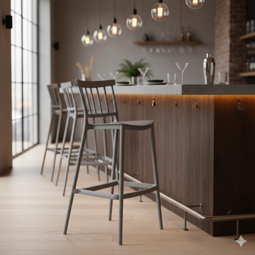 Silla para Bar Oxford, Gris, Con espaldar en barras y diseño minimalista X4