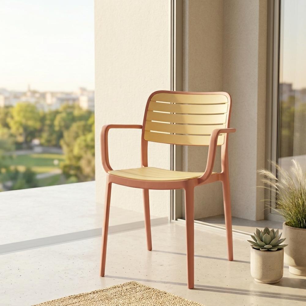 Set de 4 Sillas con Brazos Carolina, Terracota y Beige, y Espaldar de Líneas Horizontales