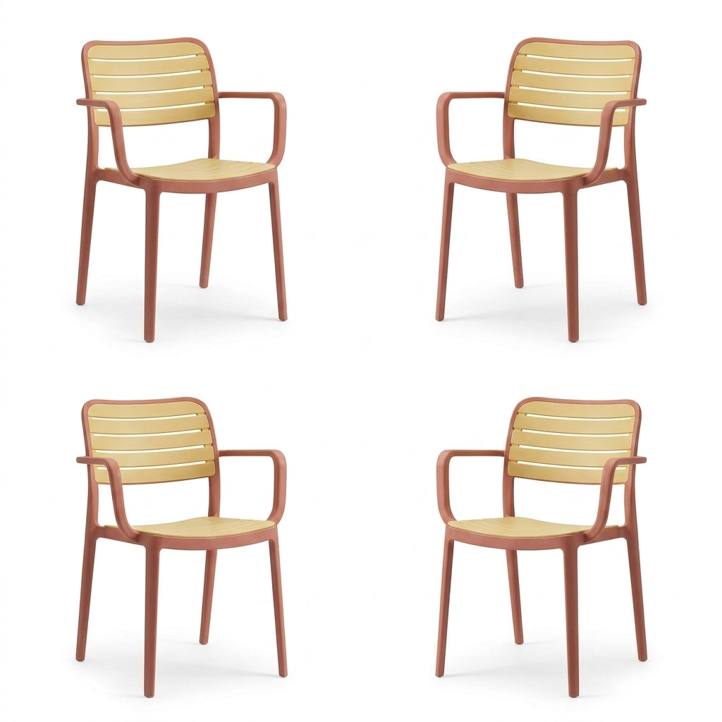 Set de 4 Sillas con Brazos Carolina, Terracota y Beige, y Espaldar de Líneas Horizontales