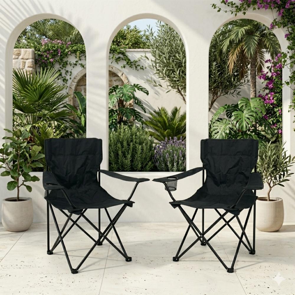 Silla Plegable Camping Tanzania, Negro, Con Portavasos