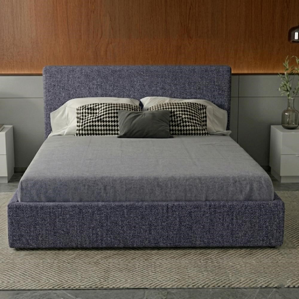 Cama Mecy Lift 160, Gris Oscuro, Tapizada, con Almacenamiento Hidráulico