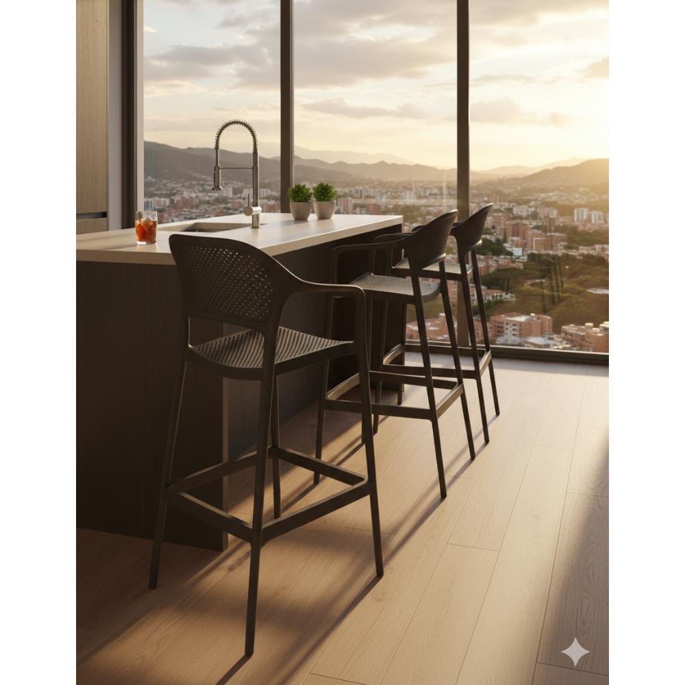 Silla para Bar Curitiva, Negro, Con espaldar traspirable y diseño Minimalista