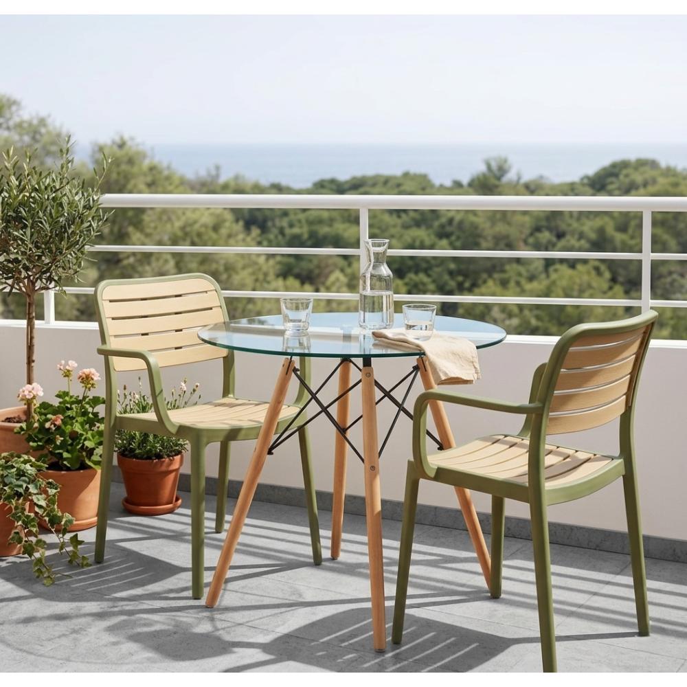 Set de 2 Sillas con Brazos Carolina, Verde Olivo y Beige, y Espaldar de Líneas Horizontales