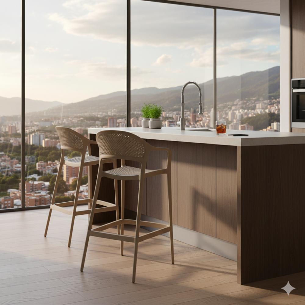 Silla para Bar Curitiva, Taupe, Con espaldar traspirable y diseño Minimalista