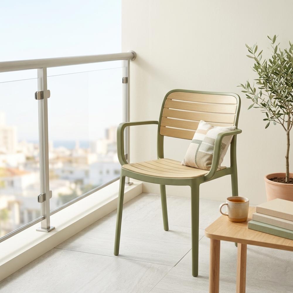 Set de 2 Sillas con Brazos Carolina, Verde Olivo y Beige, y Espaldar de Líneas Horizontales