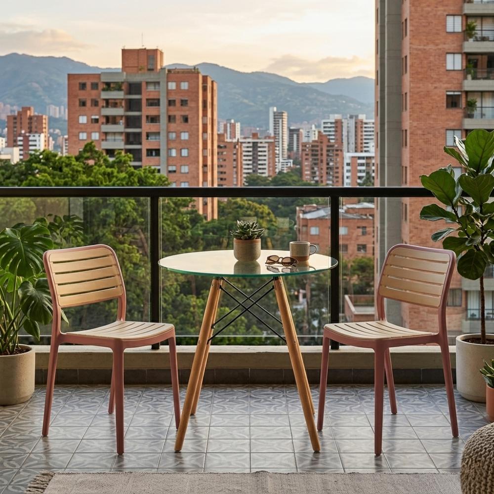 Set de 4 Sillas Carolina, Color Terracota y Beige, con Espaldar de Líneas Horizontales