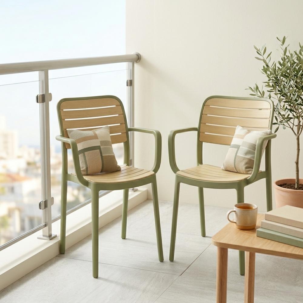 Set de 2 Sillas con Brazos Carolina, Verde Olivo y Beige, y Espaldar de Líneas Horizontales