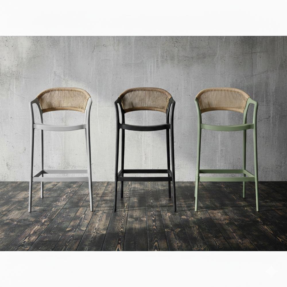 Silla para Bar Bali, Gris, Con espaldar en cuerdas y diseño Moderno X2