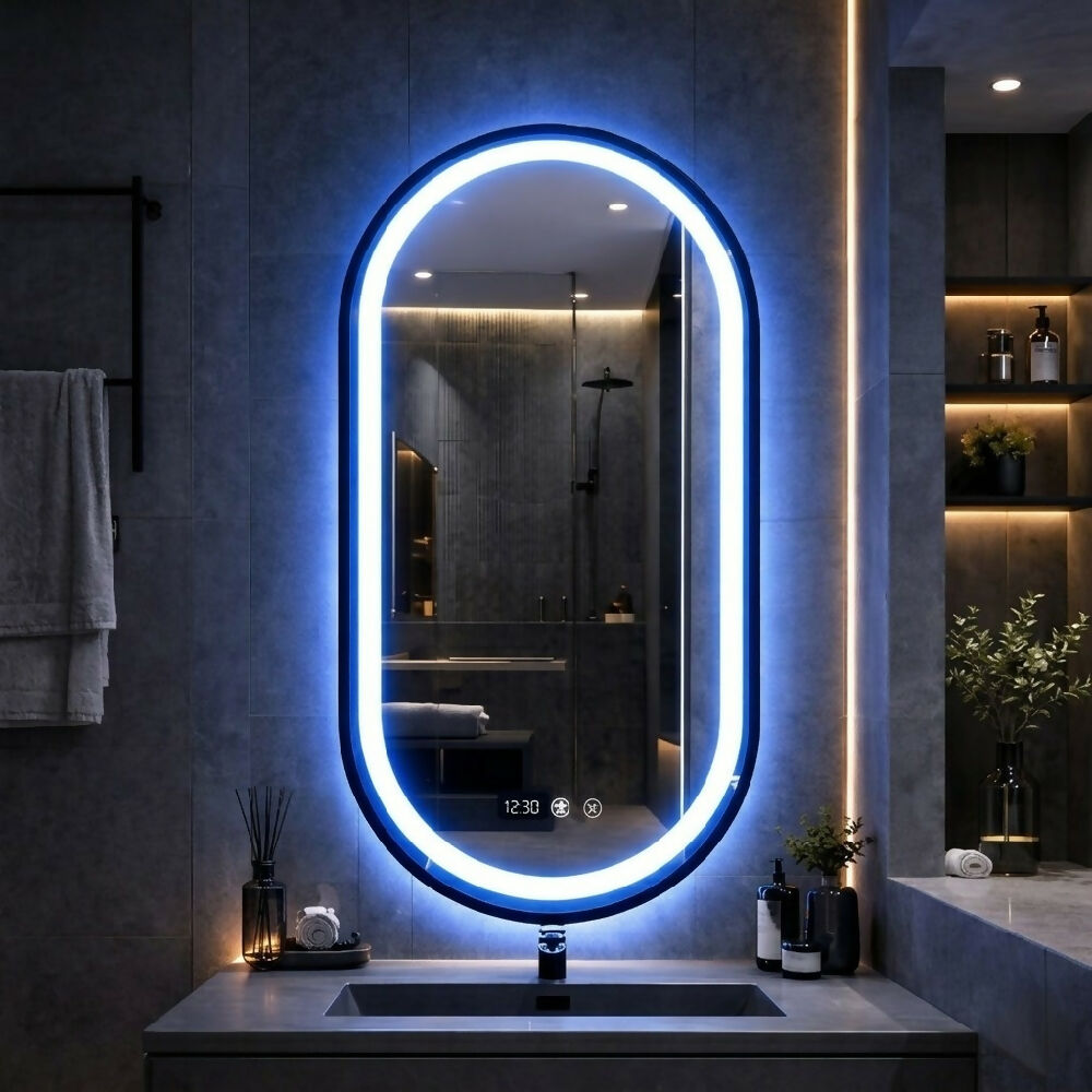 Espejo LED ovalado 100x55 con sistema antiempañante y elegante marco negro
