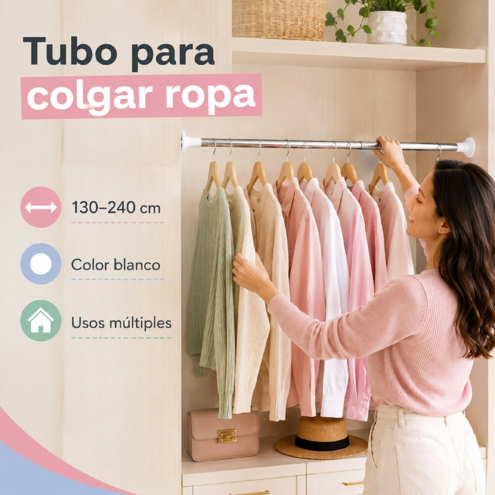 Tubo Para Colgar Ropa Ajustable Extensible 130-240 Cm De Presion Tendedor