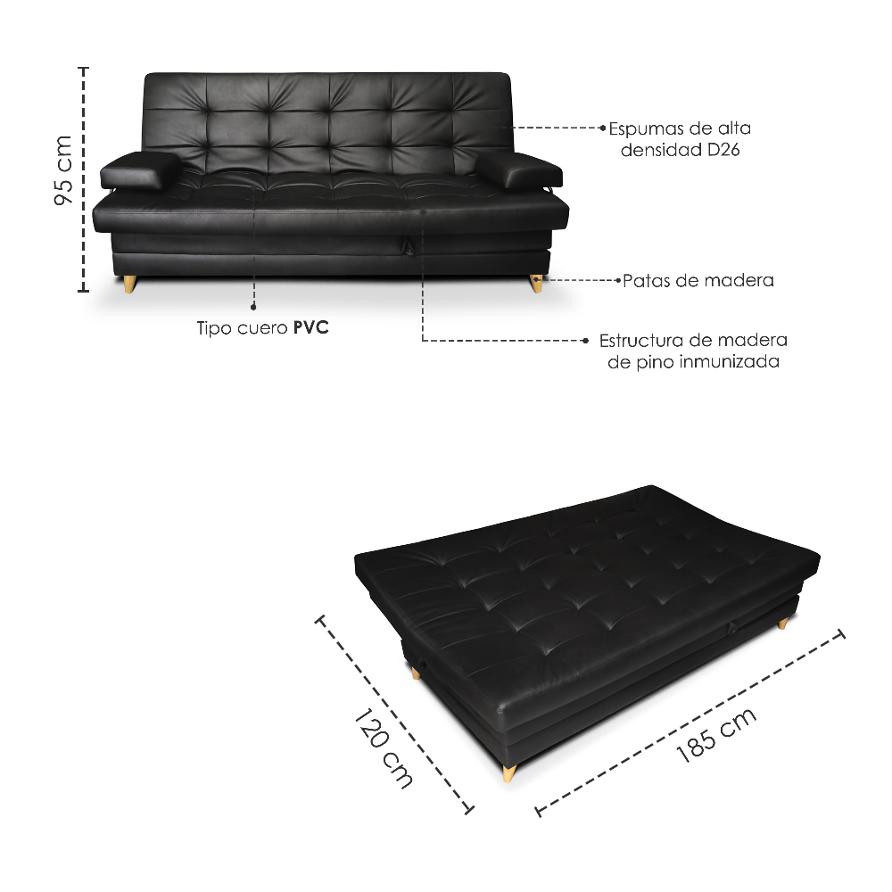Sofá Cama 5 Posiciones Balmain Multifuncional Tipo Cuero Negro