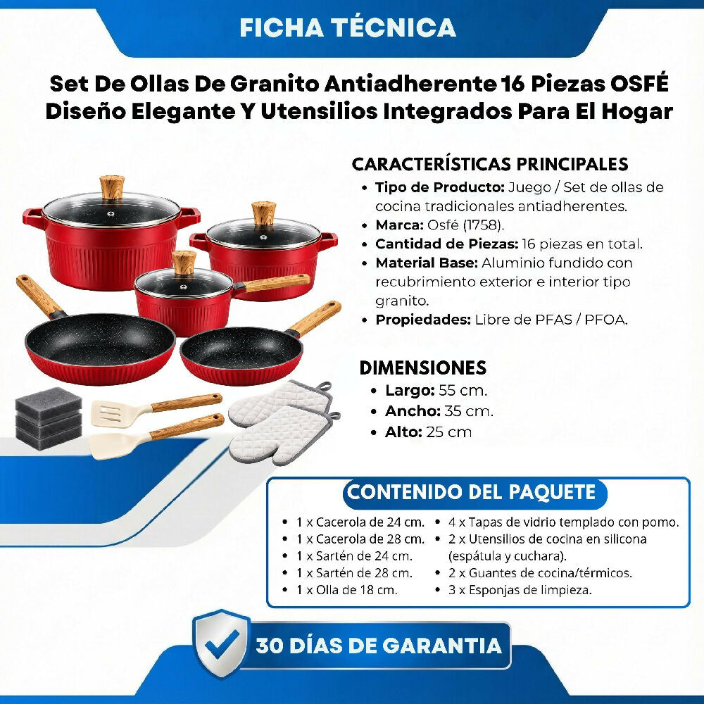 Set De Ollas De Granito Antiadherente 16 Piezas OSFÉ Diseño Elegante Y Utensilios Integrados Para El Hogar