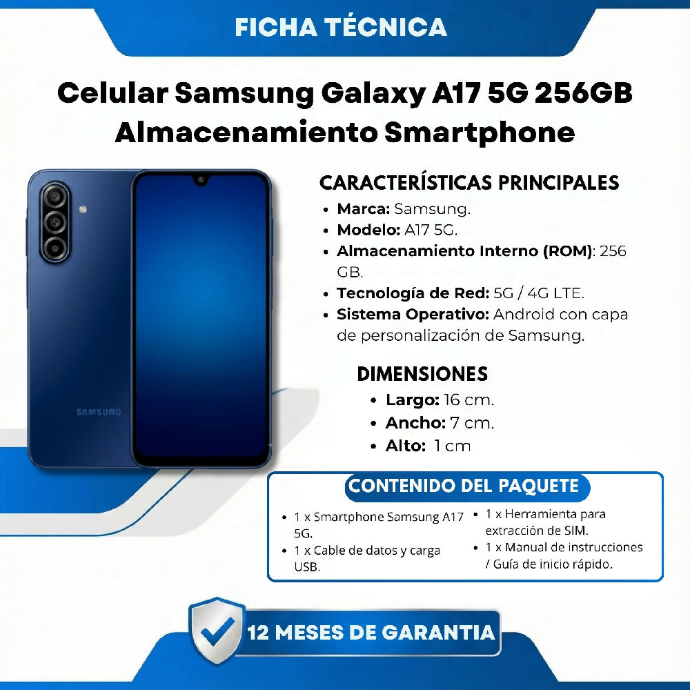 Celular Samsung Galaxy A17 5G 256GB Almacenamiento Smartphone Azul