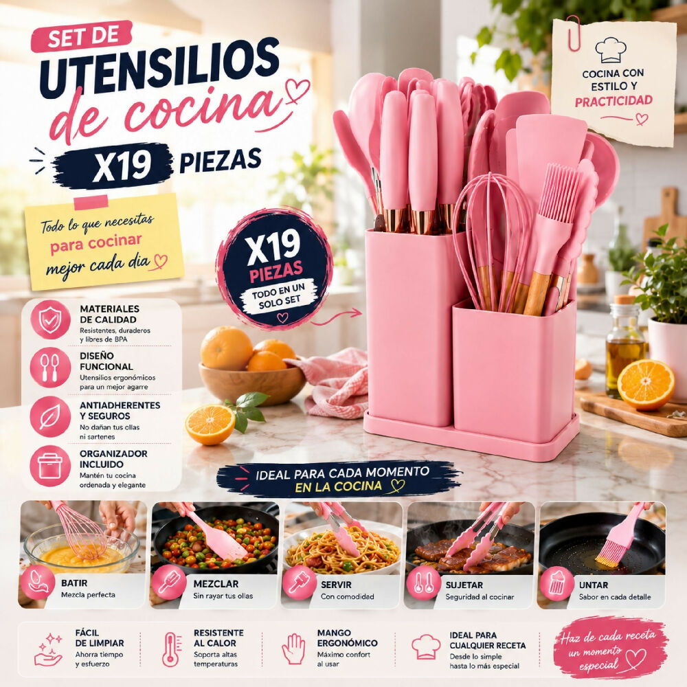 Set De Utensilios Y Cuchillos De 19 Piezas Silicona Antiadherente Y Acero Inoxidable Rosa