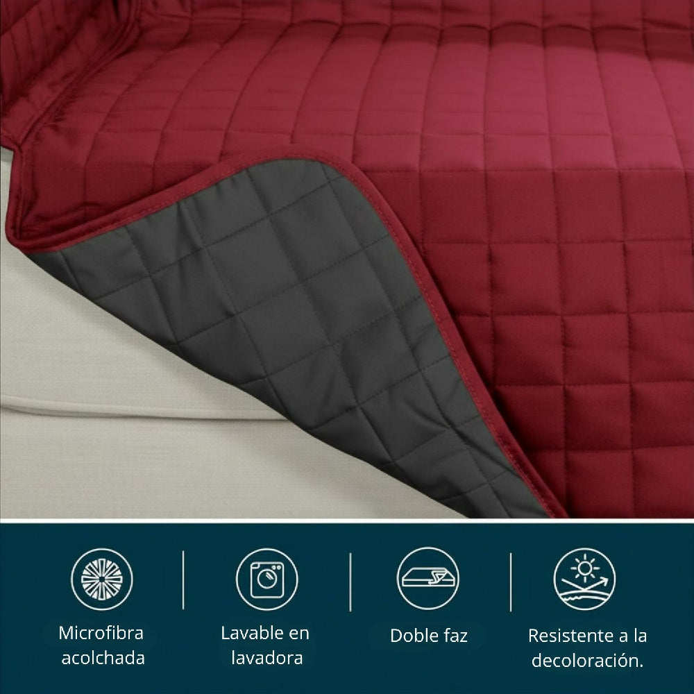 Protector de Sofá 2 Puestos Acolchado Doble Faz Unicolor Vino Tinto y Gris