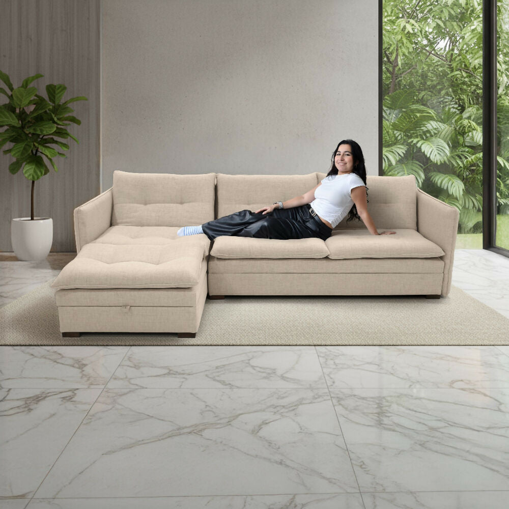 Sofa Cama en L Napoles 269x146x80 Con Baul Derecho Tapizado Trigo
