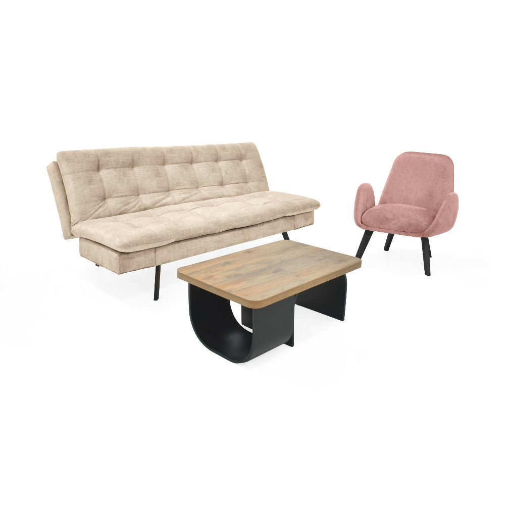 Set de Sala con Sofa Milan Tela Beige con Poltrona Sibu Tela Salmon y Mesa Centro Ark Macula