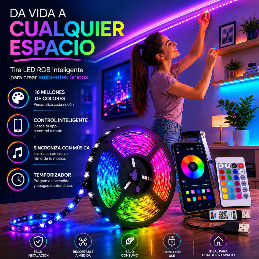 Luces Led RGB 3m JG22808 3M Con Adhesivo Para Decoración Interior