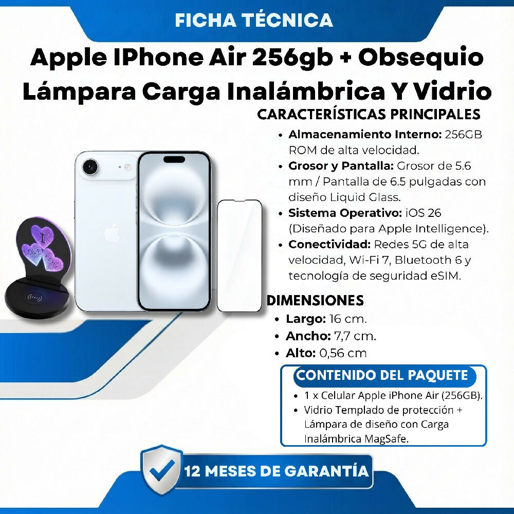 Celular Apple IPhone Air 256gb + Obsequio Lámpara Carga Inalámbrica Y Vidrio Celeste