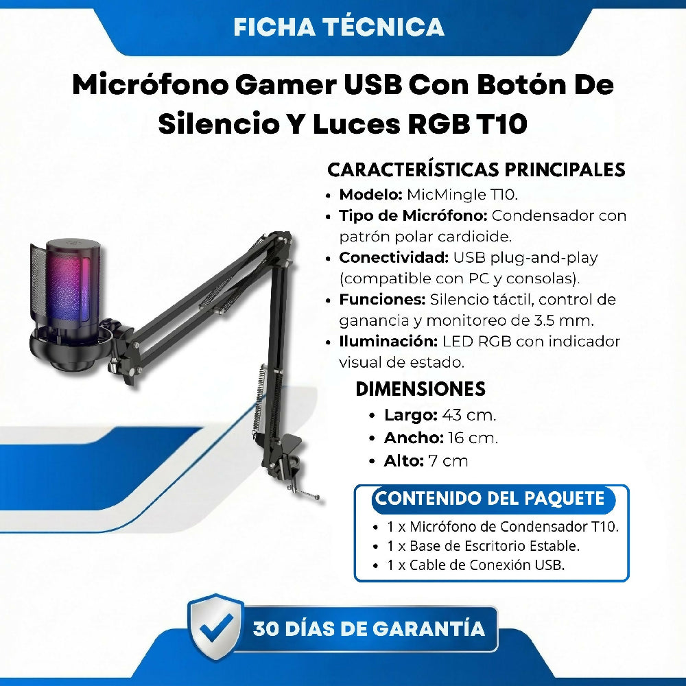 Micrófono Gamer USB Con Botón De Silencio Y Luces RGB T10