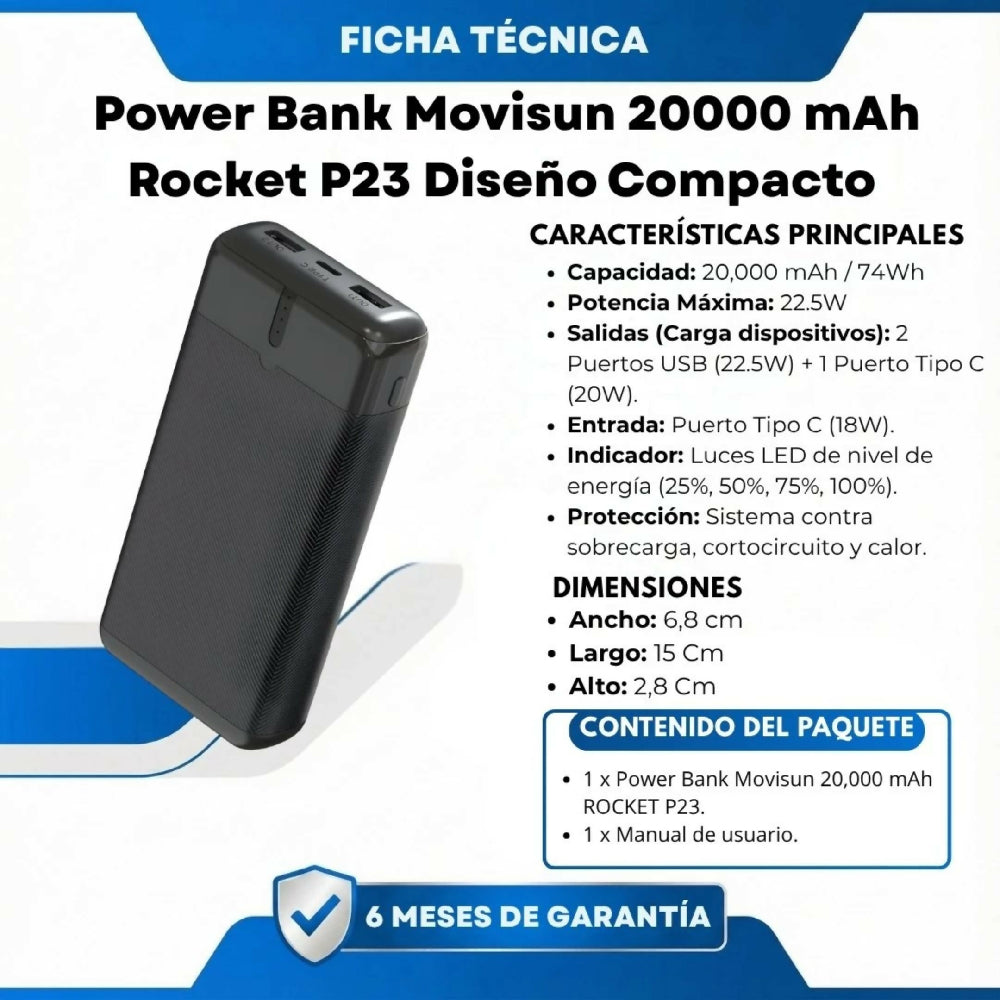 Power Bank Movisun 20000 mAh Rocket P23 Diseño Compacto Y Alta Velocidad