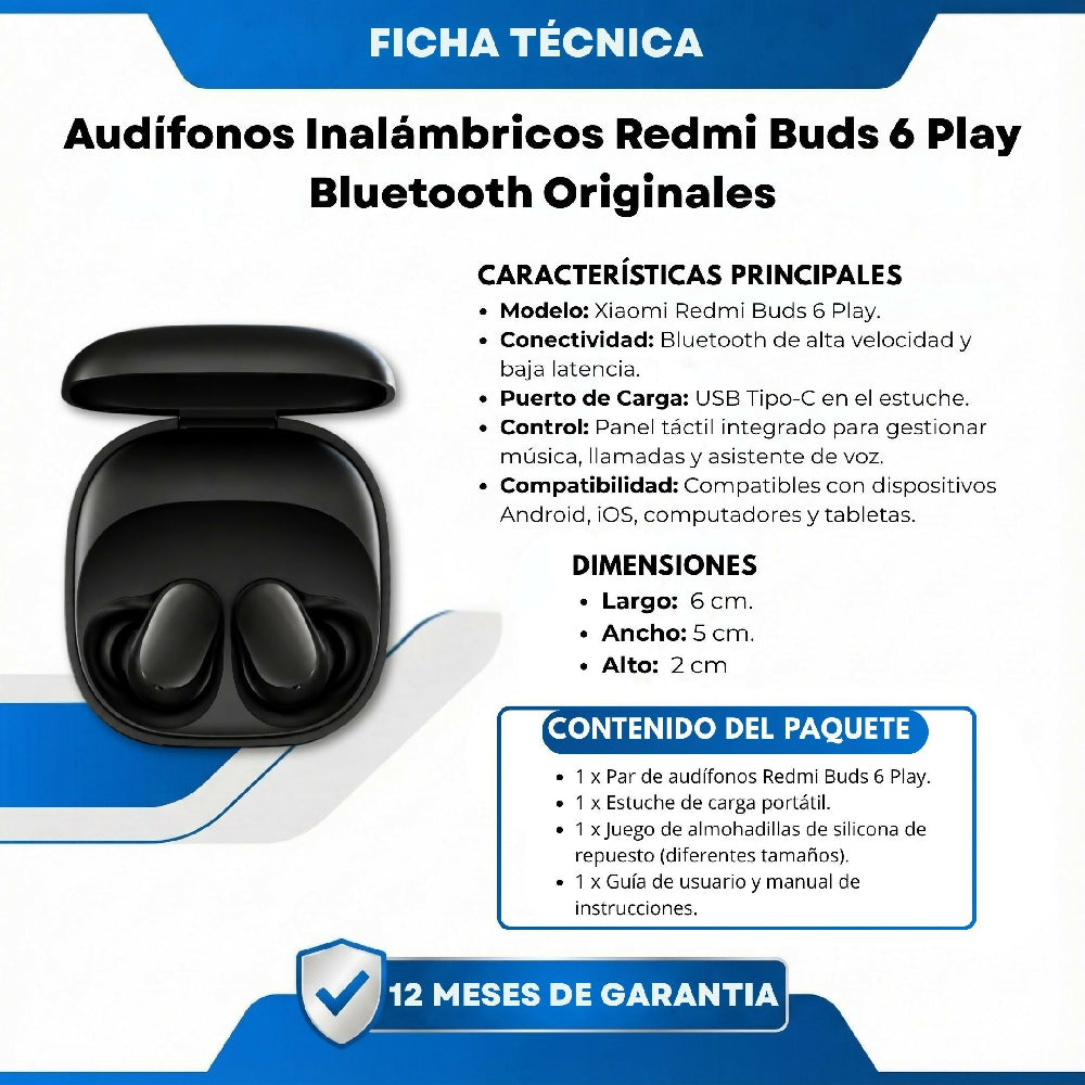 Audífonos Inalámbricos Redmi Buds 6 Play Negro Bluetooth Originales