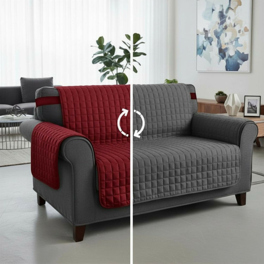 Protector de Sofá 2 Puestos Acolchado Doble Faz Unicolor Vino Tinto y Gris