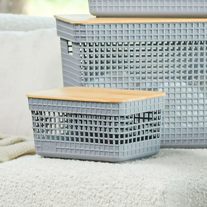 Cesta grid con tapa de bambú  color plomo