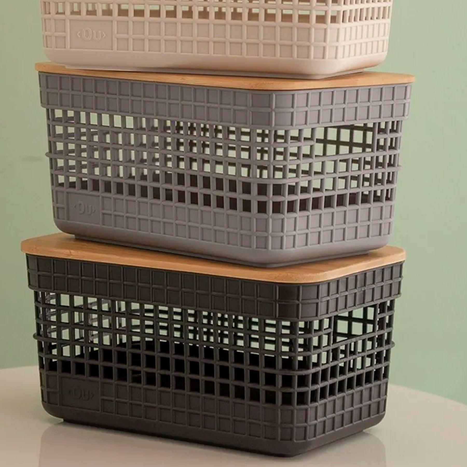 Cesta grid con tapa de bambú color plomo