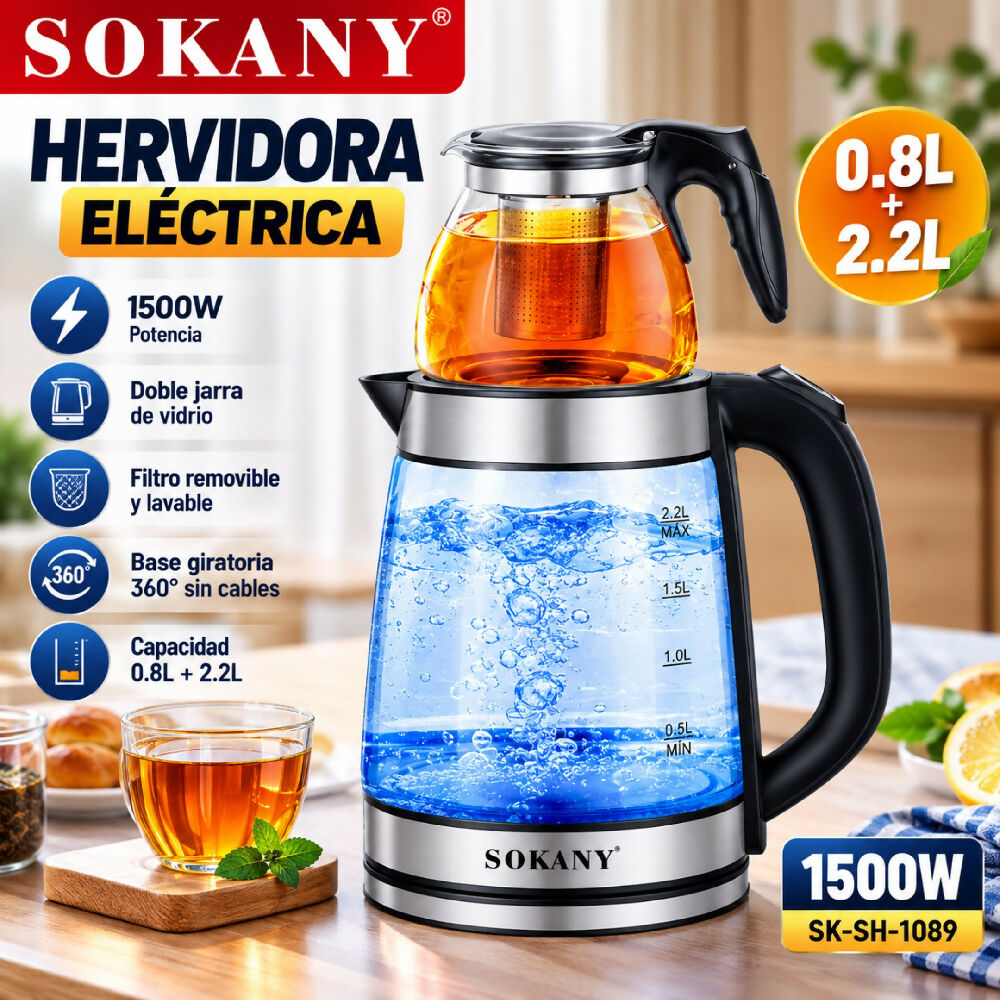 Hervidor Doble Electrico De Vidrio Sokany SK-1089 2.2 Litros Y 0.8 Litros Tetera