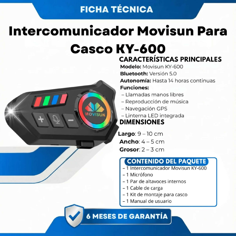 Intercomunicador Movisun Para Casco KY-600 Y Batería De Larga Duración