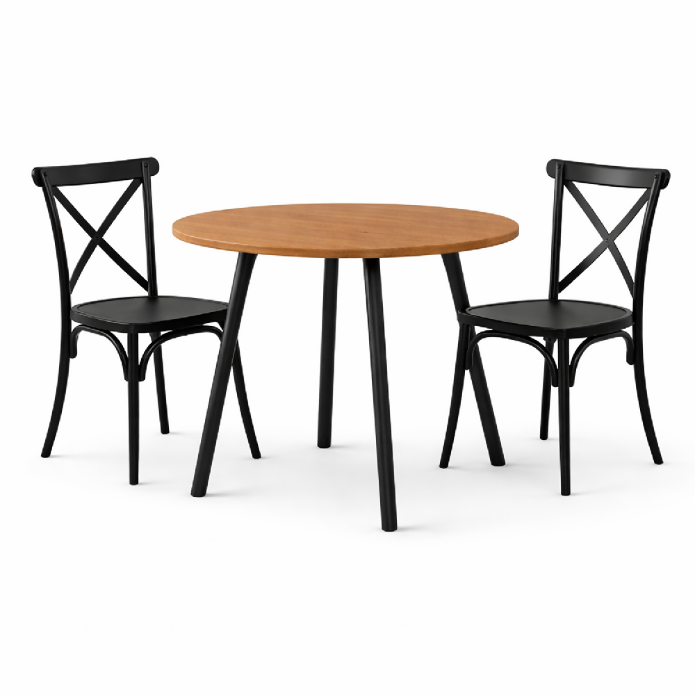 Comedor Redondo 74.5x80x80cm Amaretto + 2 Sillas Ibiza Negras