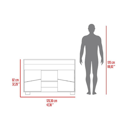 Mesa Auxiliar Recibidor Orus, Caoba y Miel, con Cuatro Puertas y Patas de Acero